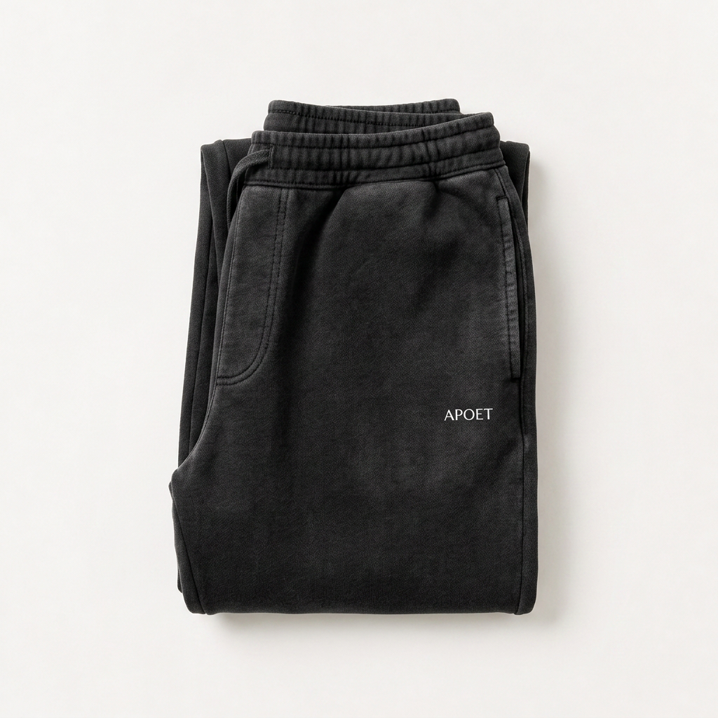 APOET sweatpants Washed Black with small APOET logo — Drop 001