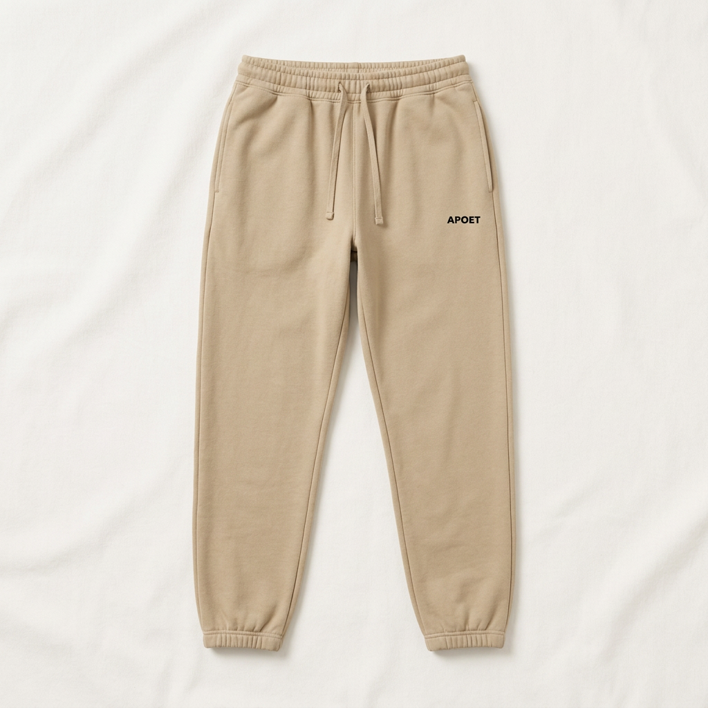 APOET sweatpants Warm Sand with small APOET logo — Drop 001